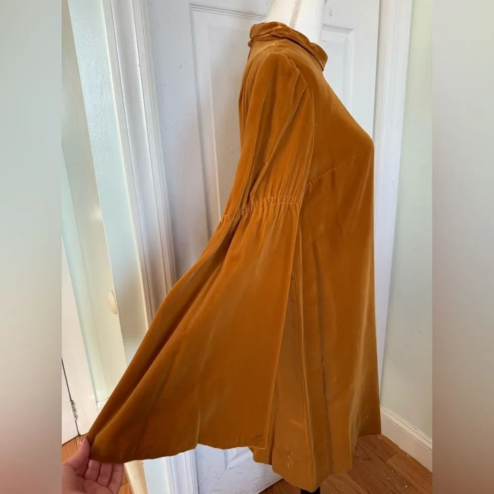 1970s Mustard Colored Rich Velvet High-Collar Dress